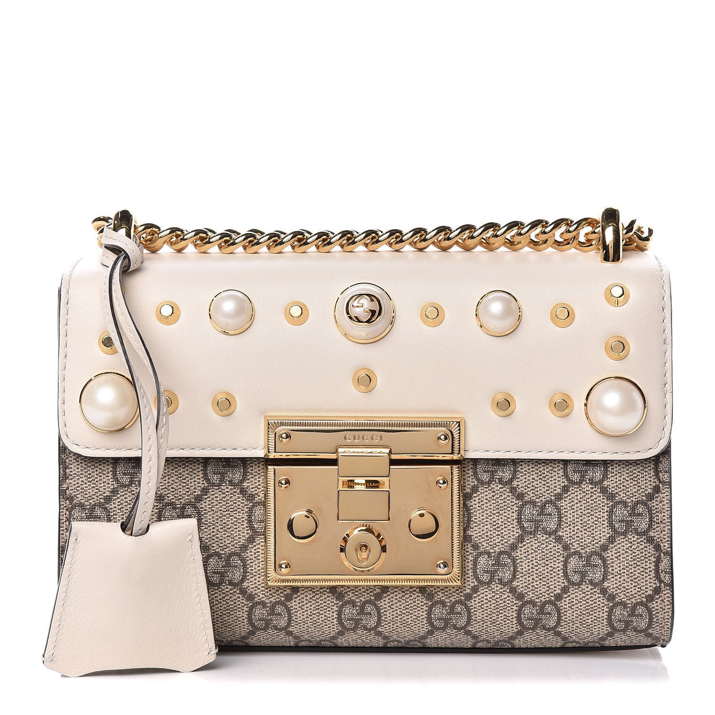 GG Supreme Monogram Studded Small Padlock Shoulder Bag White