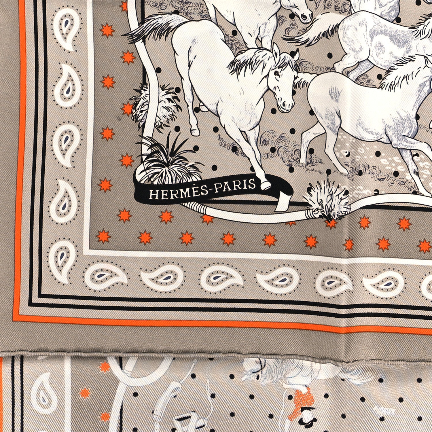 Hermes Silk Les Mustangs Bandana 55 Gris Cendre Orange 2 of 5
