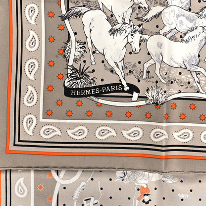Hermes Silk Les Mustangs Bandana 55 Gris Cendre Orange 2 of 5