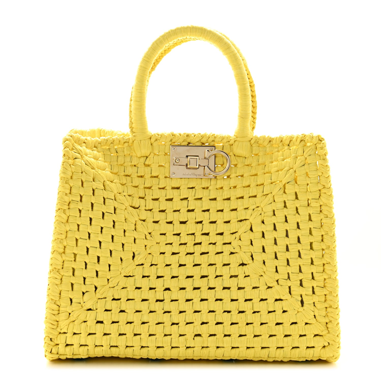 Salvatore Ferragamo Raffia The Studio Box Tote Yellow 1 of 11