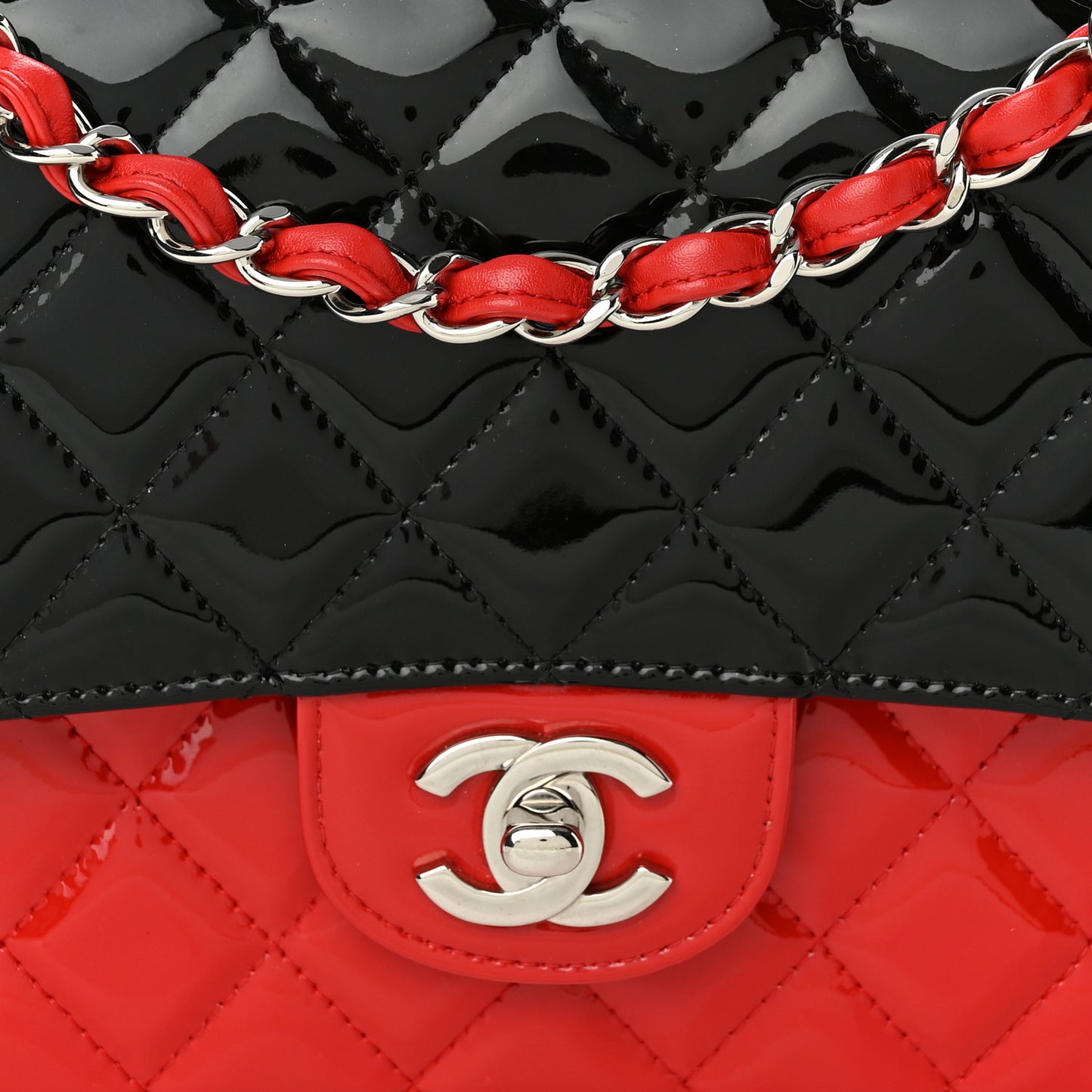 Patent Calfskin Quilted Bi-Color Medium Double Flap Red Black