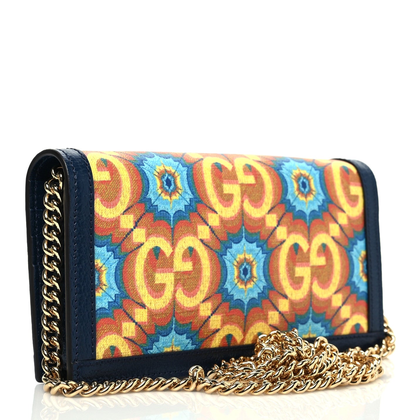 GG Supreme Kaleidoscope Calfskin Script Logo Gucci 100 Chain Wallet Blue Orange Multicolor Blue Agata
