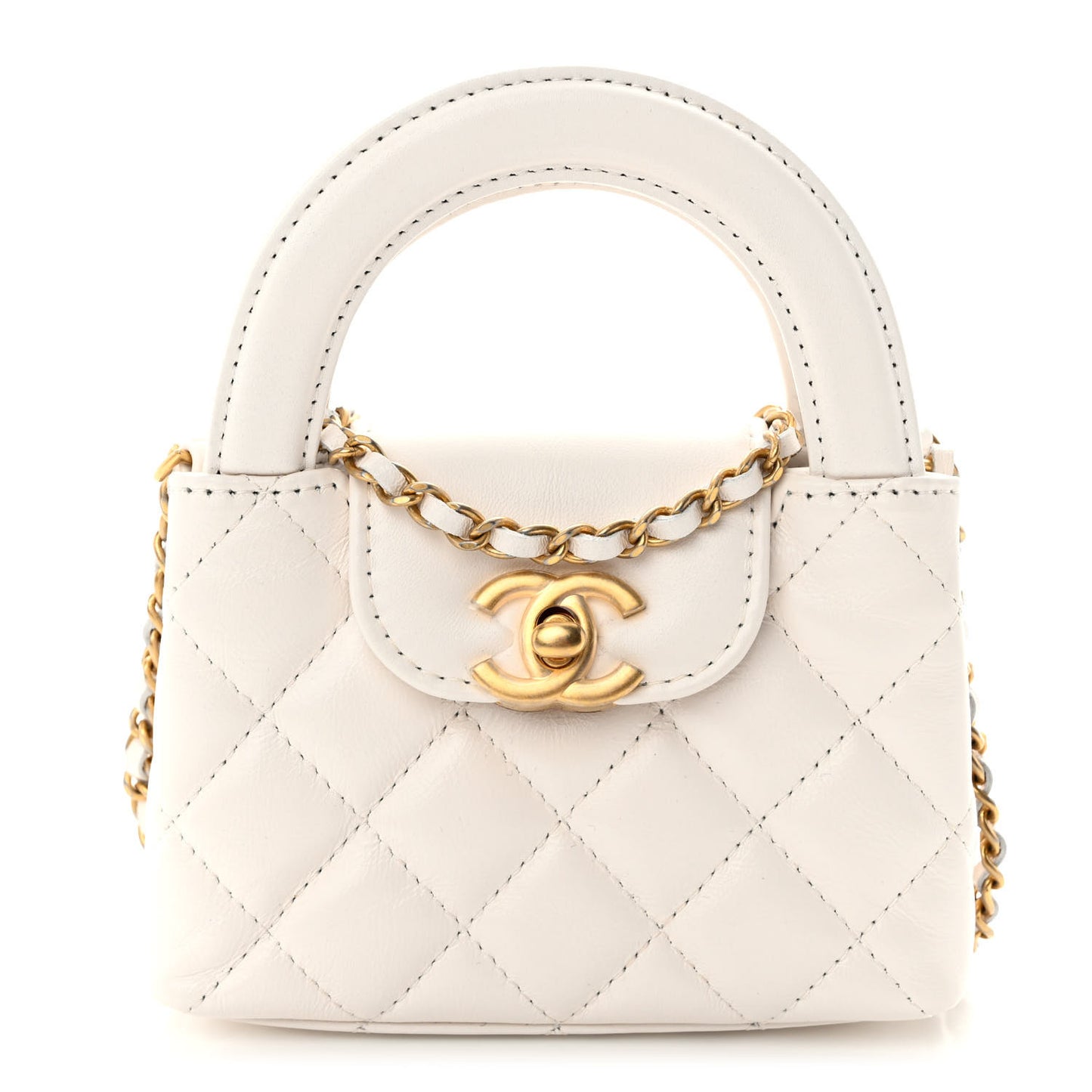 Shiny Aged Calfskin Quilted Mini Nano Kelly Shopper White