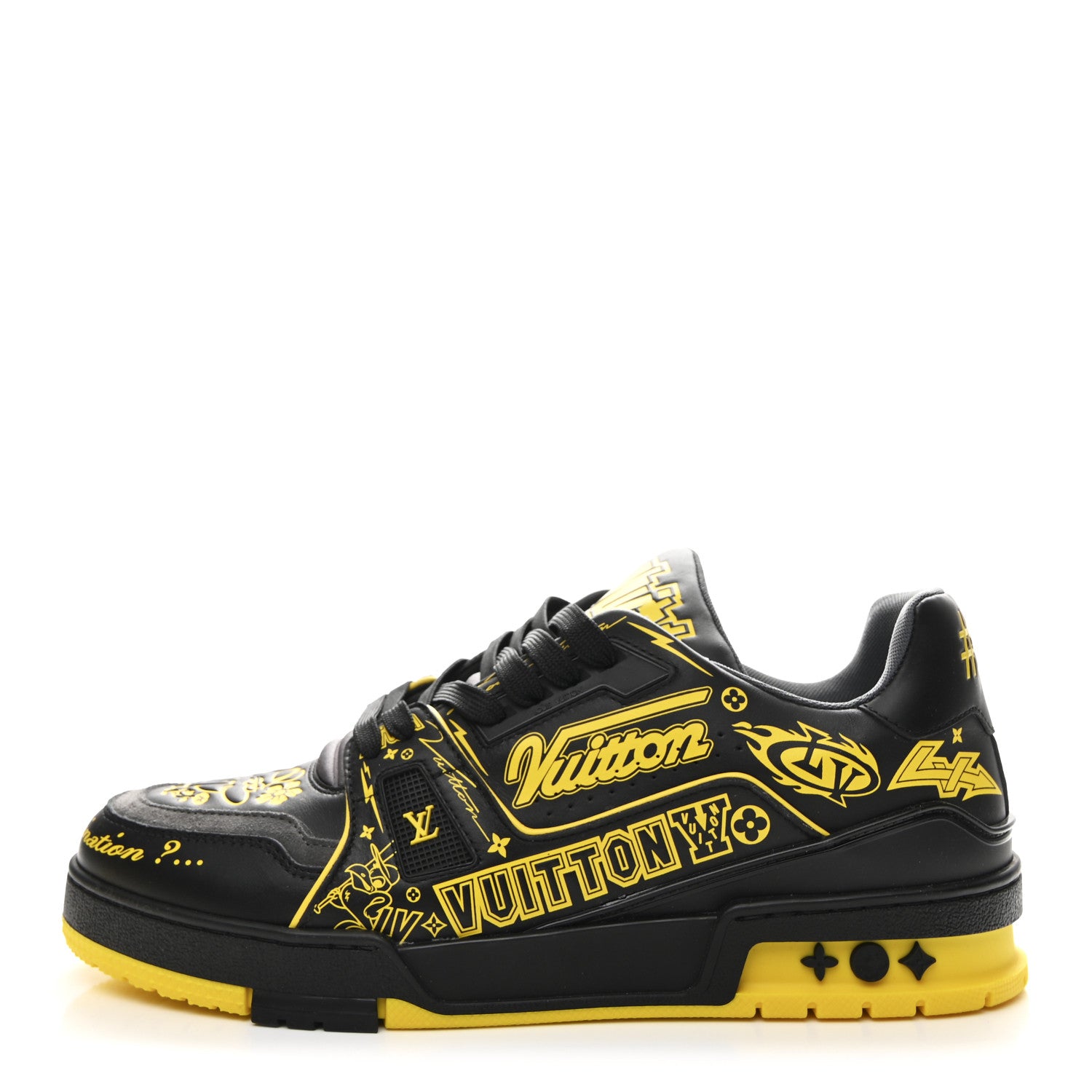 Louis Vuitton Calfskin Graffiti Mens LV Trainer Sneakers 8 Black Yellow 1 of 11