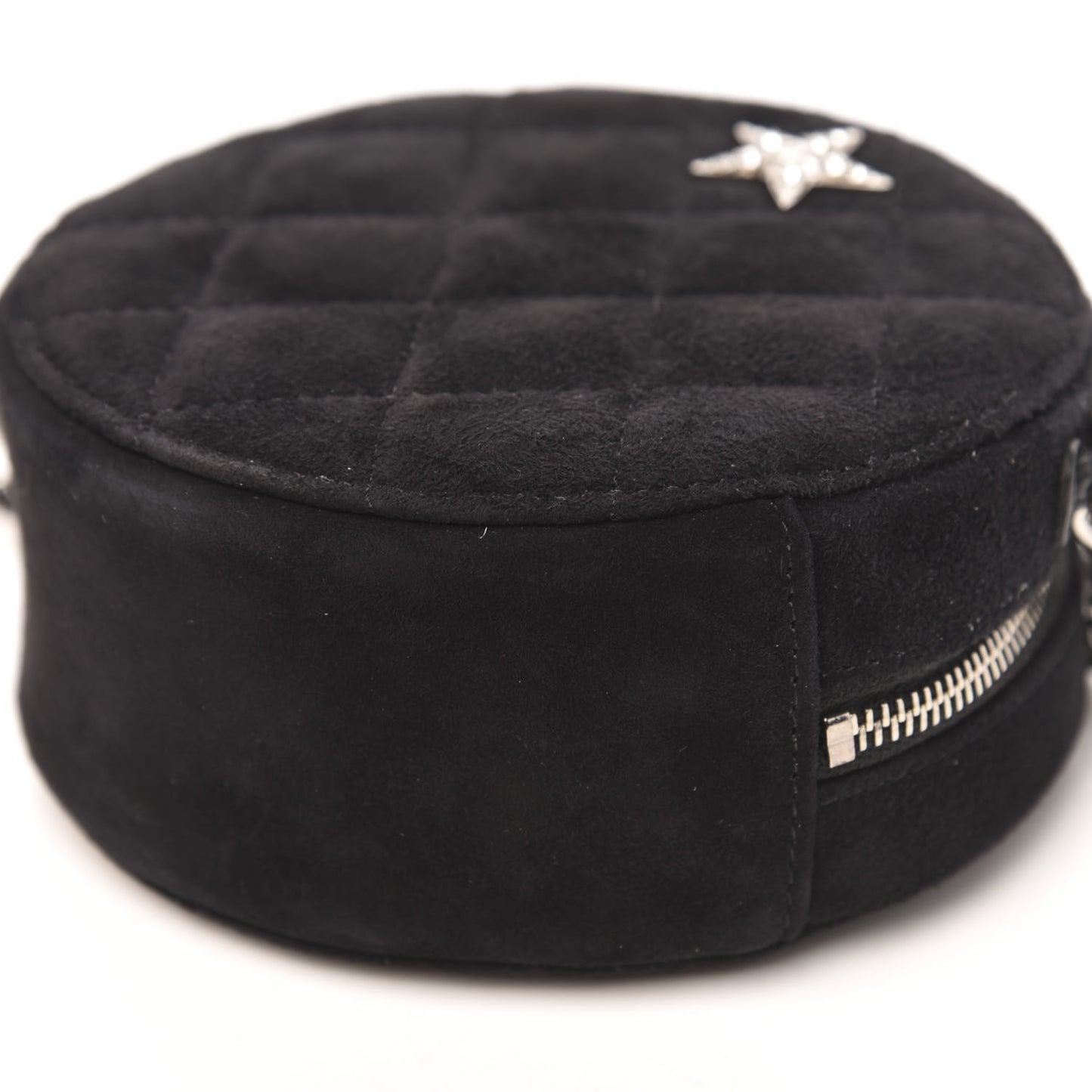 Suede Quilted Crystal Round Clutch With Logo Chain Black