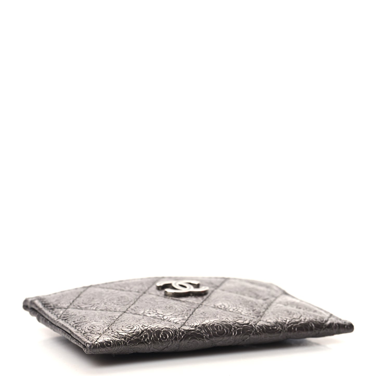 Metallic Calfskin Camellia Embossed Quilted Card Holder Grey