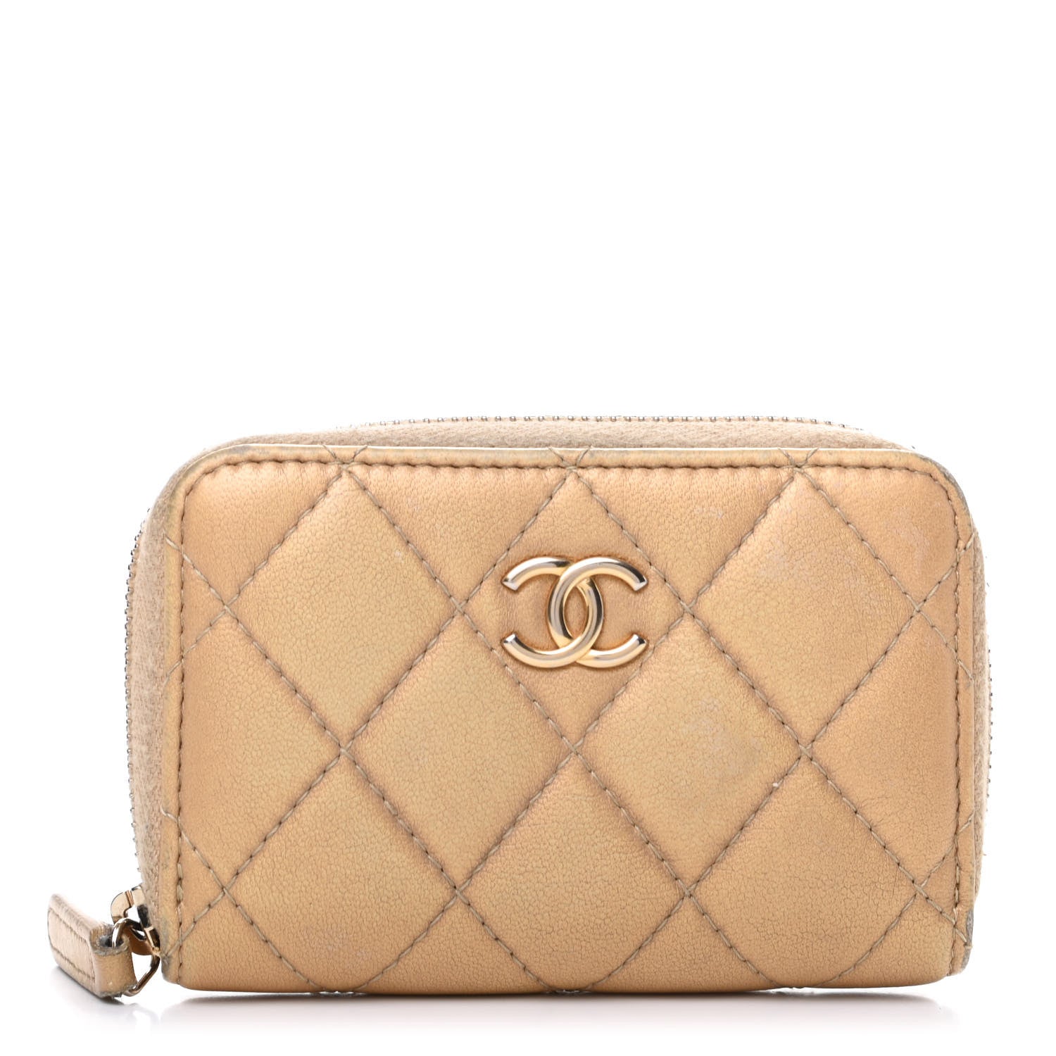 Chanel Metallic Lambskin Quilted Graffiti Zip Around Coin Purse Wallet Beige 1 of 10