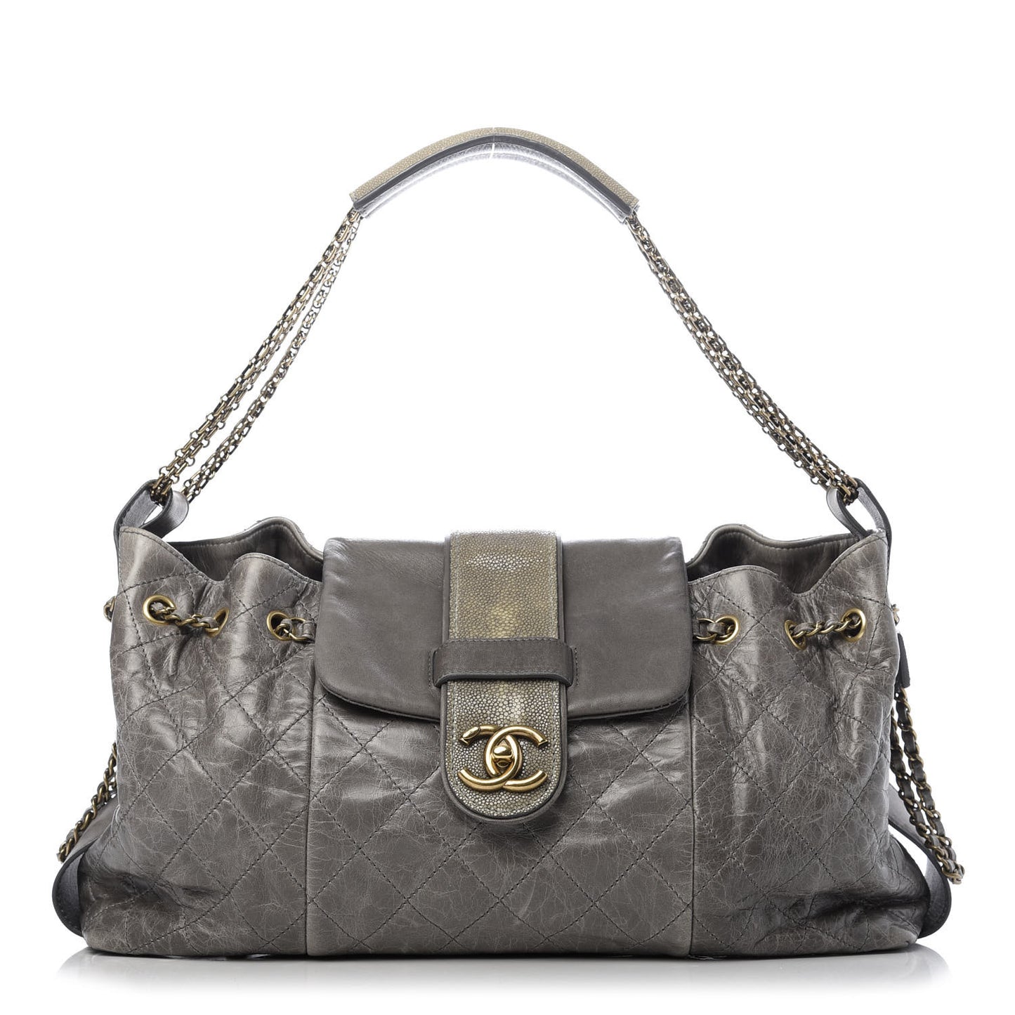Glazed Calfskin Stingray Bindi CC Accordion Tote Grey
