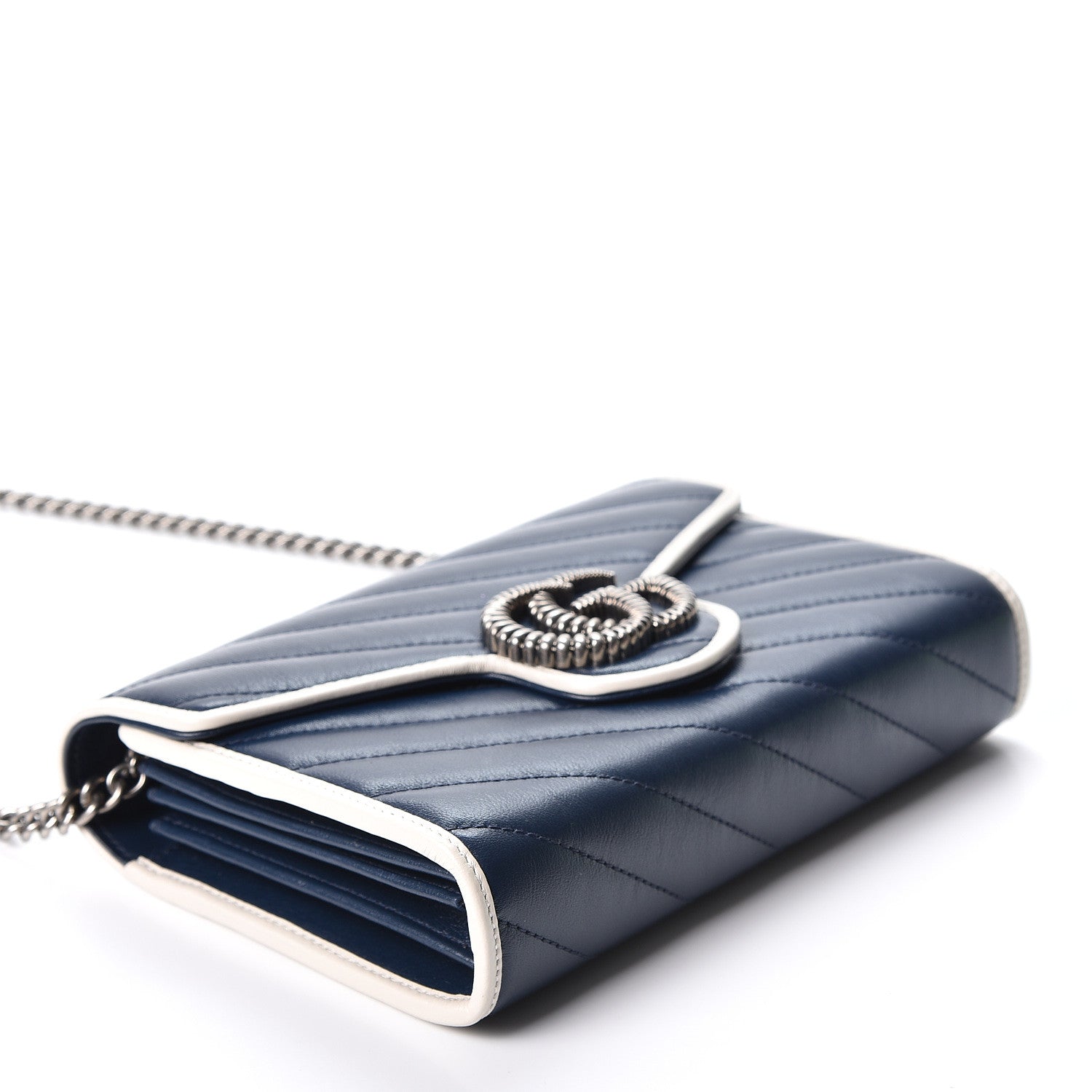 Gucci Vintage Effect Calfskin Matelasse Diagonal Torchon GG Marmont Chain Wallet Blue Agata Mystic White 3 of 10