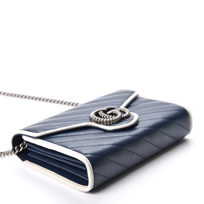 Gucci Vintage Effect Calfskin Matelasse Diagonal Torchon GG Marmont Chain Wallet Blue Agata Mystic White 3 of 10