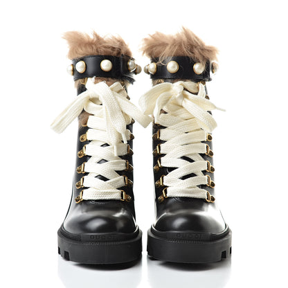Gucci Magnum Calfskin Fur Pearl Lace Up Combat Ankle Boots 36 Black Naturale 2 of 10