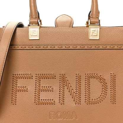 Fendi Vitello Santa Barbara Woven Logo Small Fendi Sunshine Shopper Tote Cappucino 7 of 9