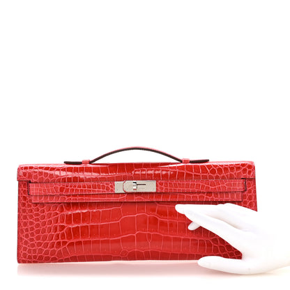 Hermes Shiny Porosus Crocodile Kelly Cut Pochette Bougainvillier 2 of 8