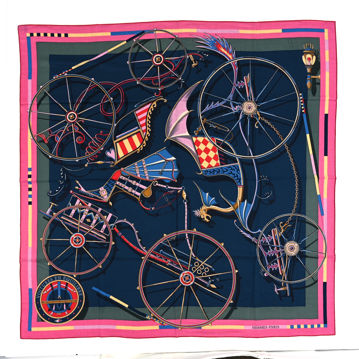 Hermes Cashmere Silk Voitures en Equilibre Shawl 140 Rose Bonbon 1 of 3