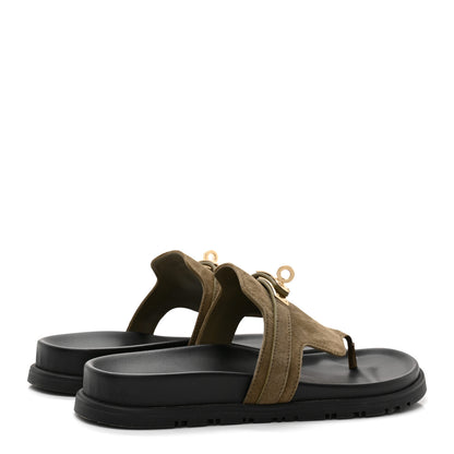 Hermes Suede Goatskin Womens Empire Sandals 37 Vert Toundra 4 of 10