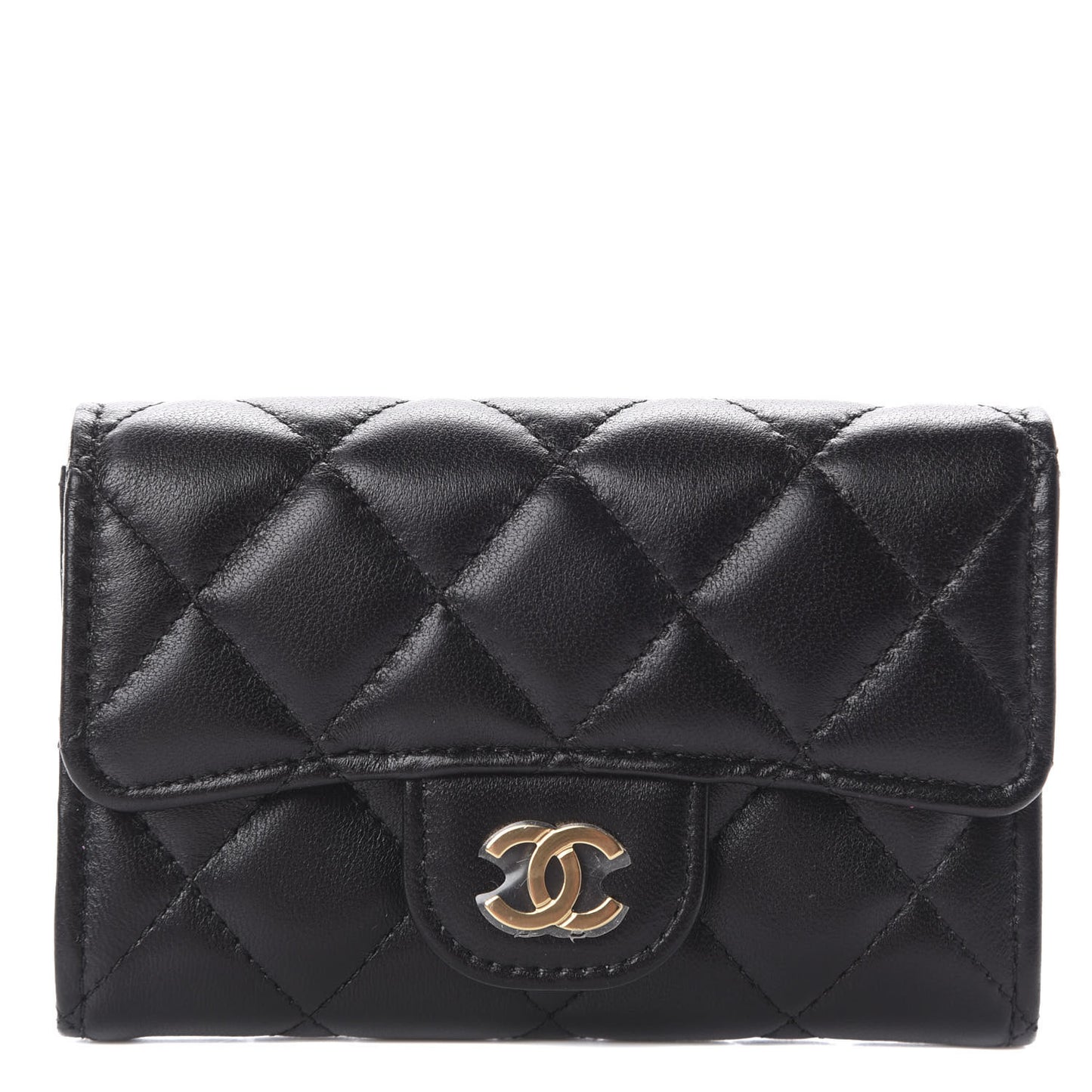 Lambskin Quilted Flap Card Holder Black