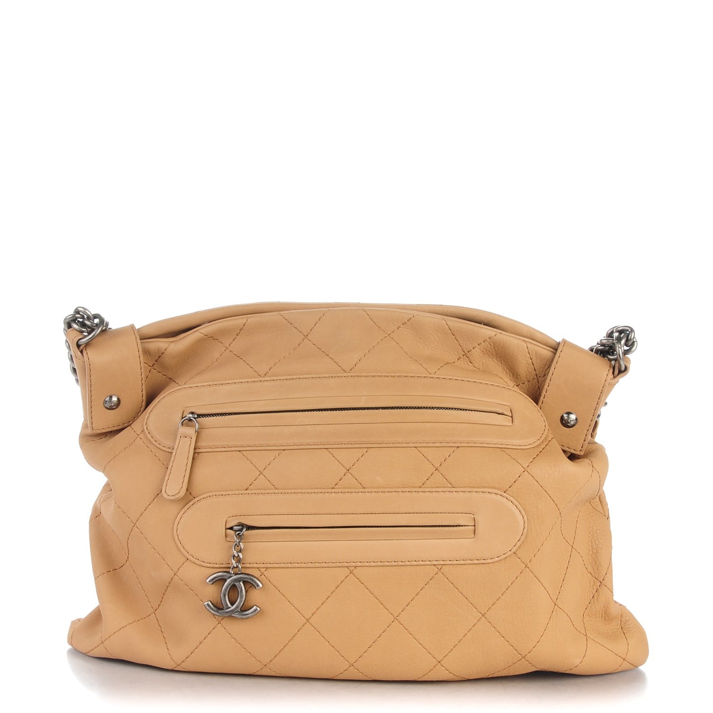 Calfskin Stitched Double Zip Hobo Beige
