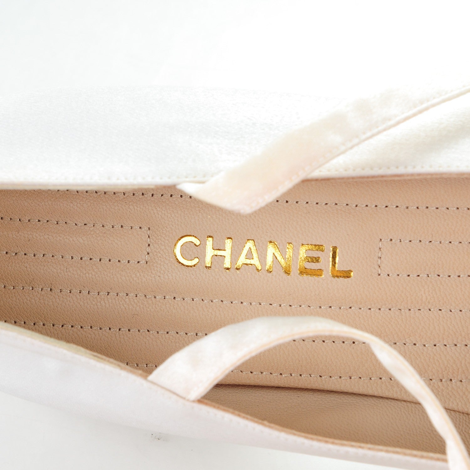 Chanel Satin Cap Toe Ballerina Ankle Wrap Flats 38 White Beige 7 of 7