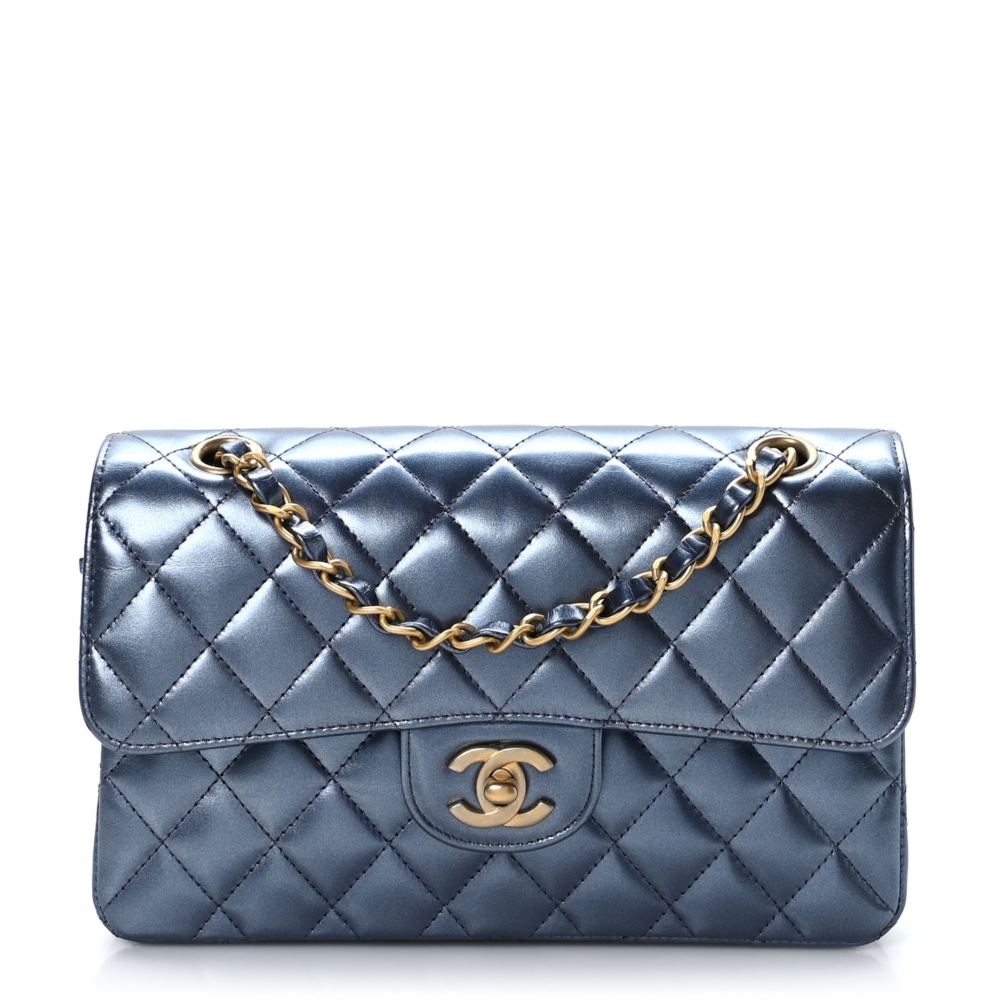 Metallic Lambskin Quilted Small Double Flap Blue