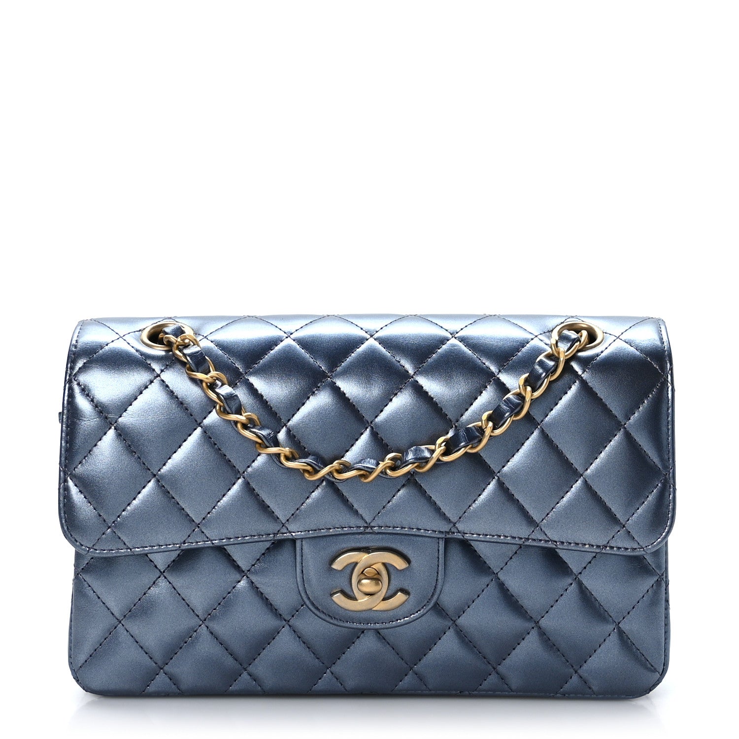 Chanel Metallic Lambskin Quilted Small Double Flap Blue 1 of 9
