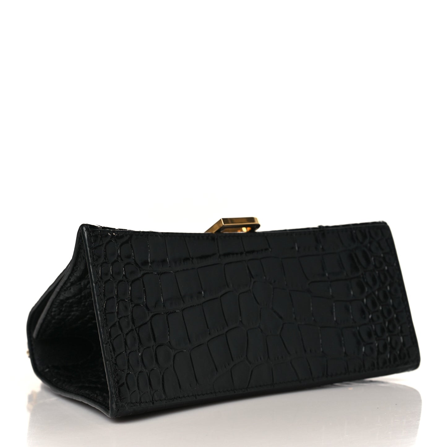 Shiny Calfskin Crocodile Embossed Small Hourglass Top Handle Bag Black