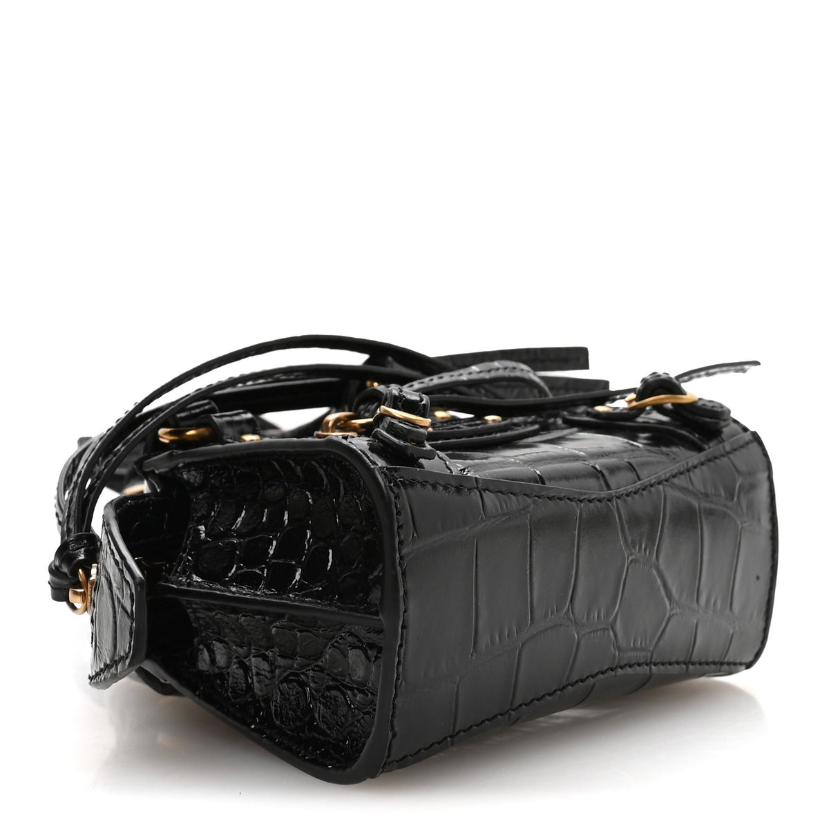 Shiny Supple Calfskin Crocodile Embossed Neo Classic Gold Hardware Super Nano City Crossbody Black