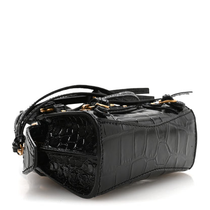 Balenciaga Shiny Supple Calfskin Crocodile Embossed Neo Classic Gold Hardware Super Nano City Crossbody Black 4 of 10