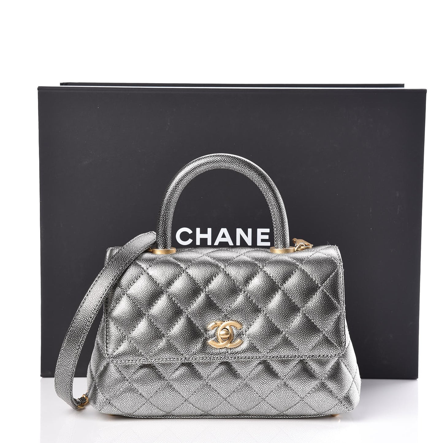 Metallic Caviar Quilted Mini Coco Handle Flap Silver