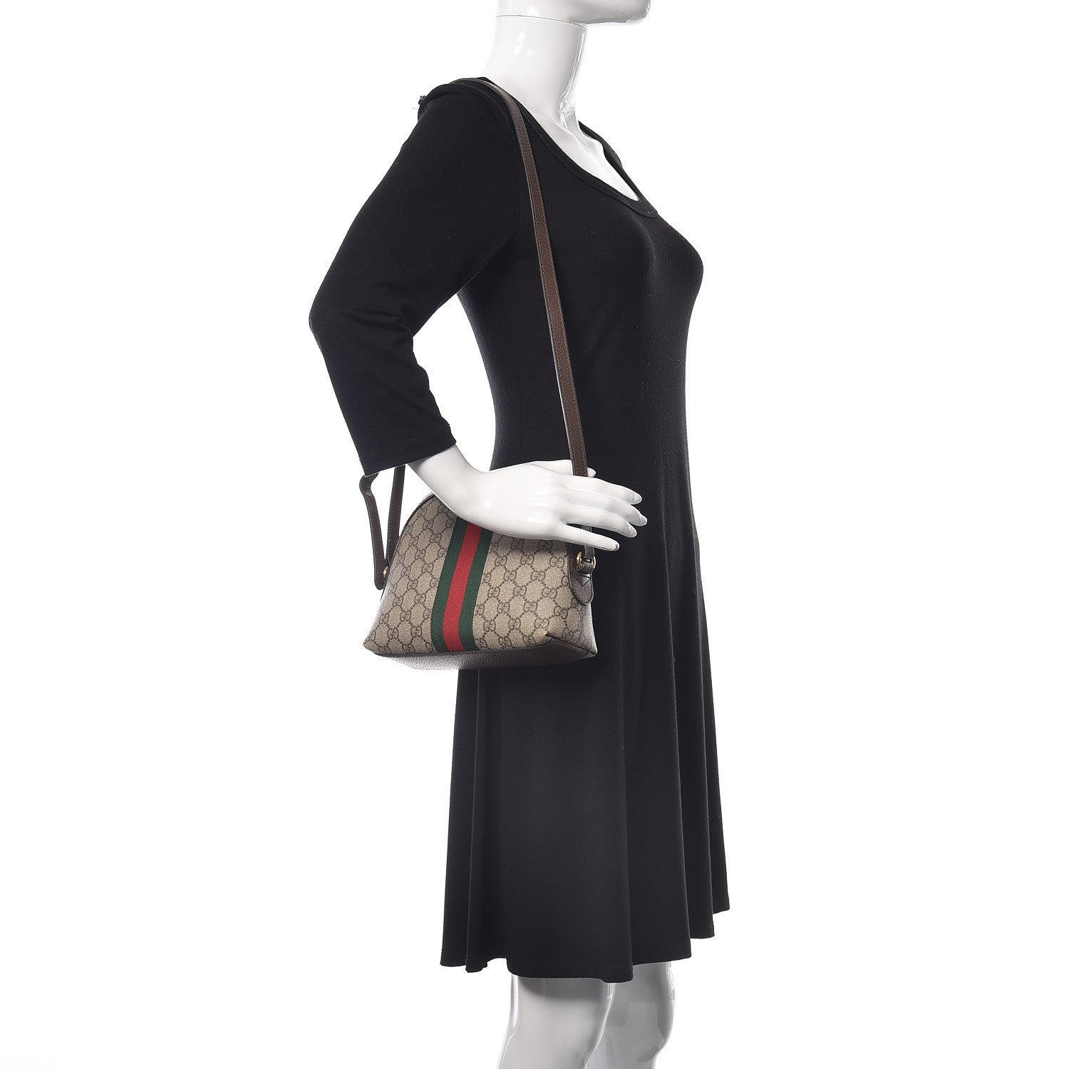 Gucci GG Supreme Monogram Textured Dollar Calfskin Web Small Ophidia Dome Shoulder Bag Beige Ebony New Acero 2 of 11