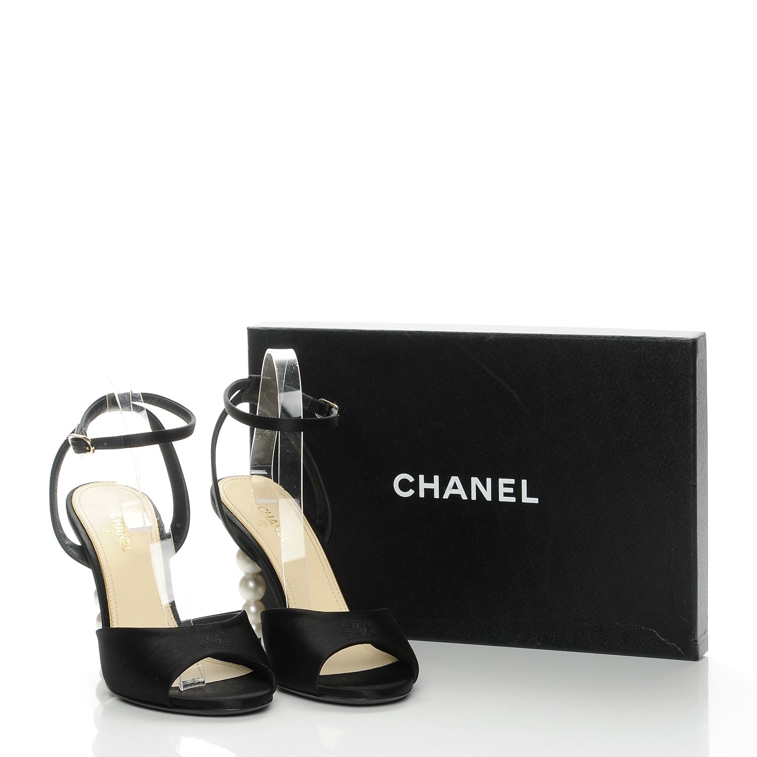 CHANEL ハイヒール ブラック オープントゥ CHANEL シャネル オープントゥパンプス レザー チェーン