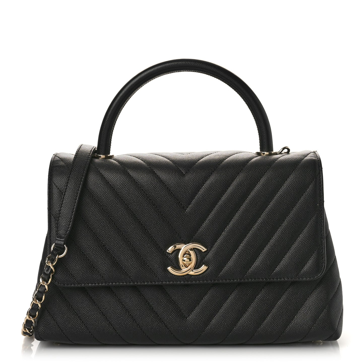 Caviar Chevron Quilted Small Coco Handle Flap Black