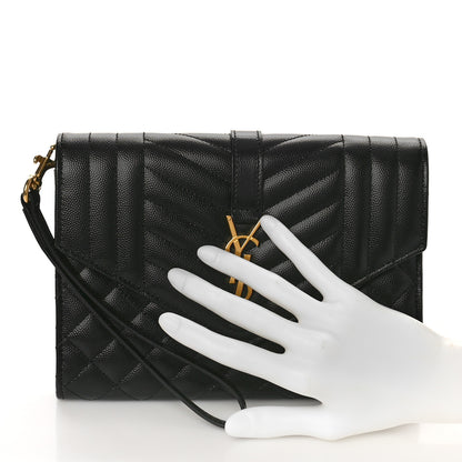 Saint Laurent Grain De Poudre Textured Mixed Matelasse Triquilt Monogram Clutch Black 2 of 9