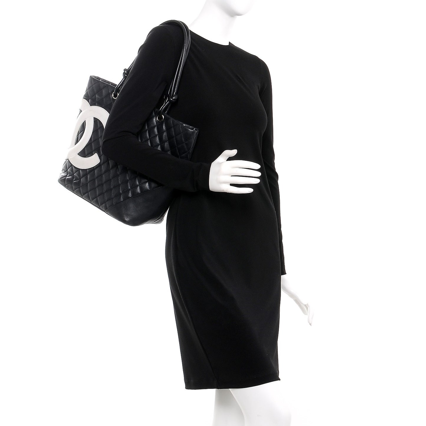 Calfskin Quilted Large Cambon Tote Black White