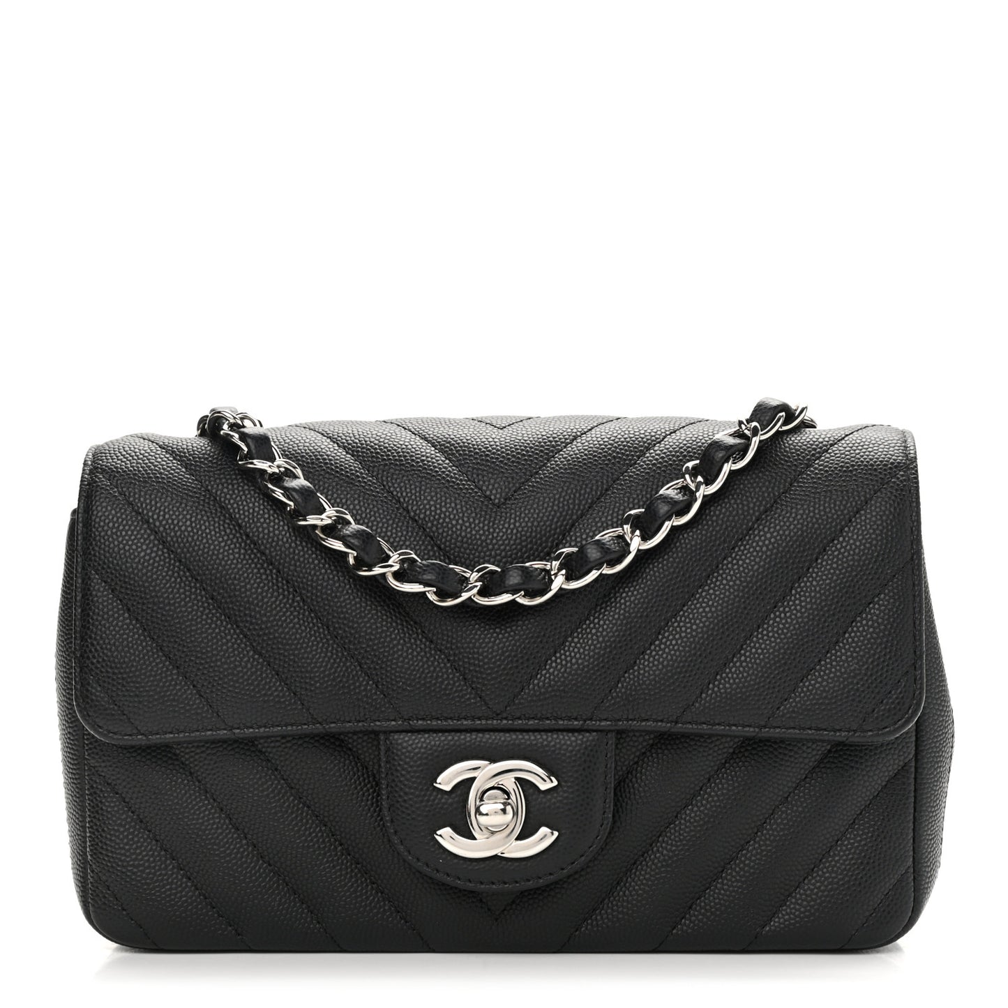 Caviar Chevron Quilted Mini Rectangular Flap Black