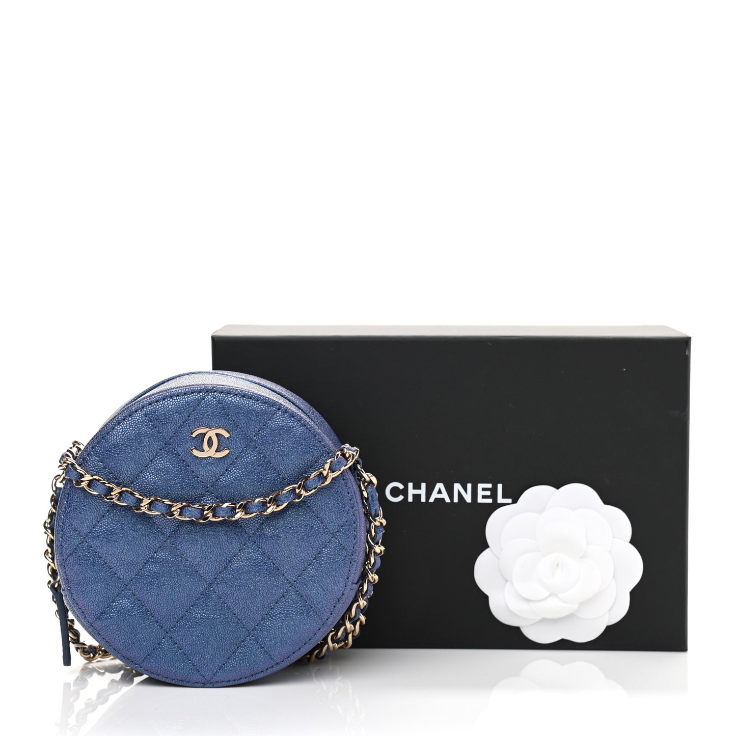 Iridescent Caviar Quilted Round Clutch With Chain Blue