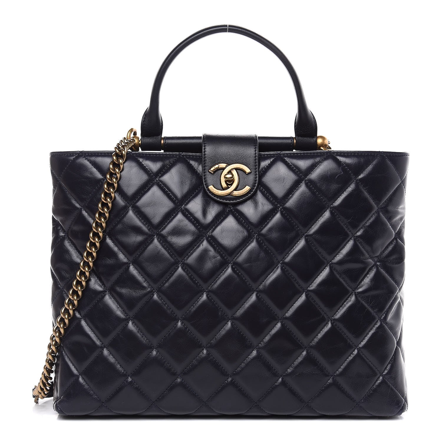 Chanel Calfskin Quilted Large Gold Bar Top Handle Tote Dark Navy Blue 1 of 15