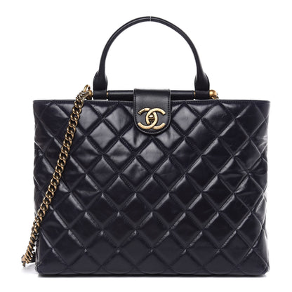 Chanel Calfskin Quilted Large Gold Bar Top Handle Tote Dark Navy Blue 1 of 15