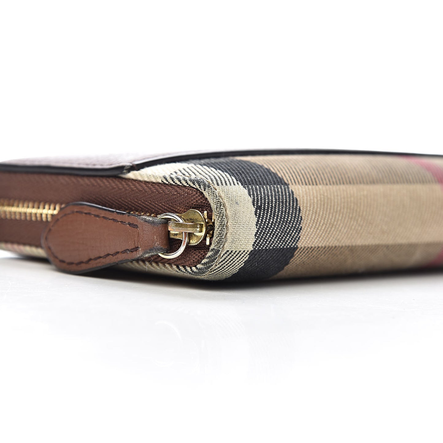 Calfskin House Check Elmore Zip Around Wallet Tan