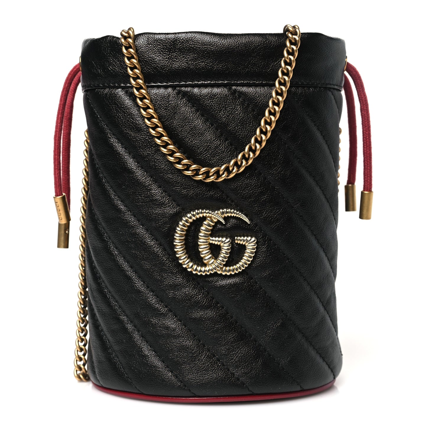 Vintage Effect Calfskin Matelasse Diagonal Mini Torchon GG Marmont 2.0 Bucket Bag Black Romantic Cherry