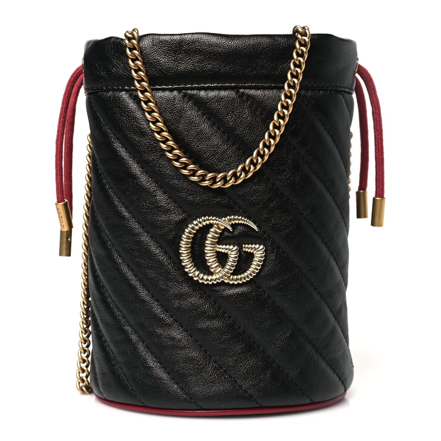 Gucci Vintage Effect Calfskin Matelasse Diagonal Mini Torchon GG Marmont 2.0 Bucket Bag Black Romantic Cherry 1 of 11