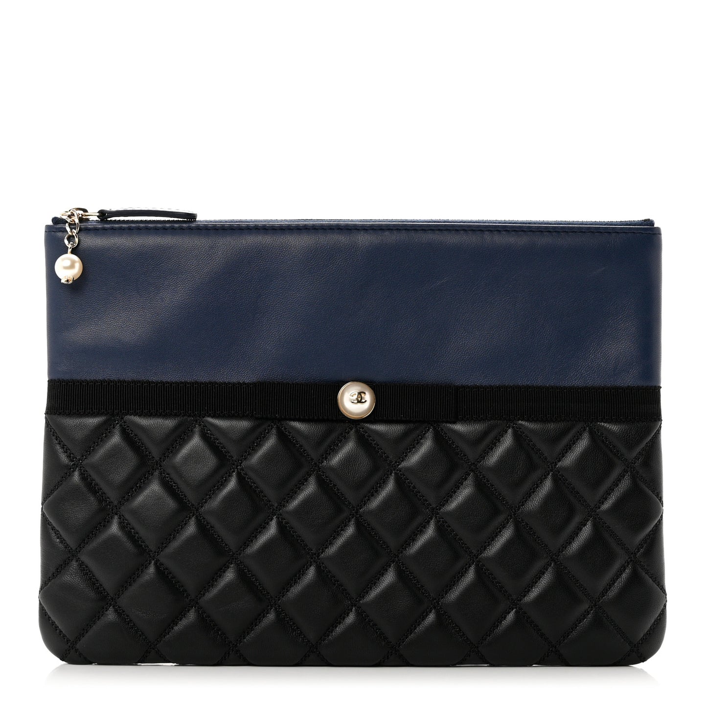 Goatskin Lambskin Grosgrain Pearl CC Medium Cosmetic Case Black Navy