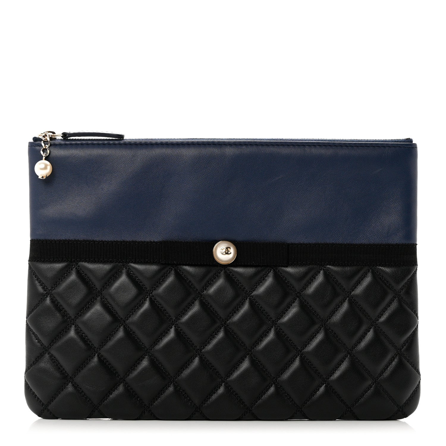 Chanel Goatskin Lambskin Grosgrain Pearl CC Medium Cosmetic Case Black Navy 1 of 7