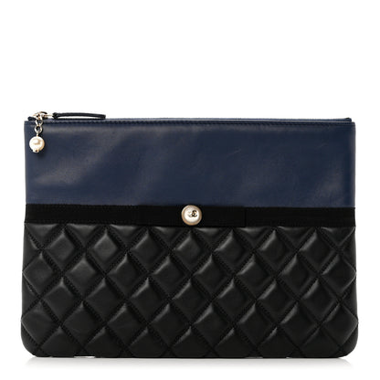 Chanel Goatskin Lambskin Grosgrain Pearl CC Medium Cosmetic Case Black Navy 1 of 7