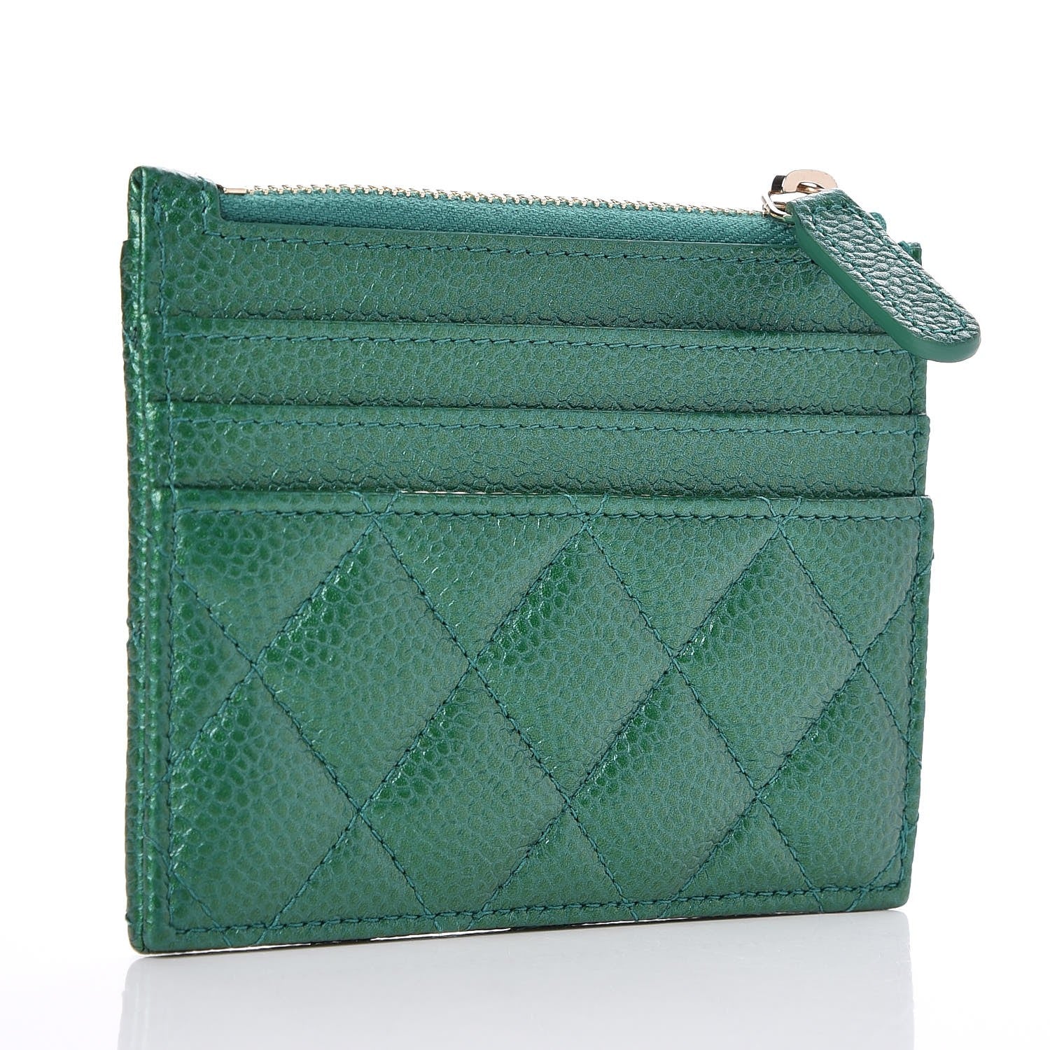 Chanel Metallic Caviar Quilted CC Zip Card Holder Green 3 of 8