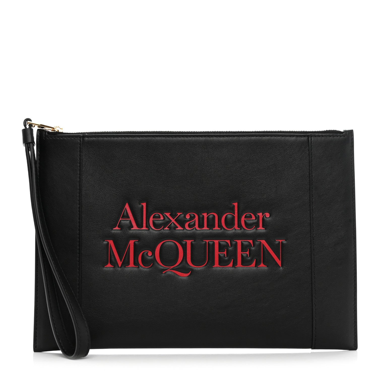 Alexander McQueen Calfskin Logo Zip Wristlet Pouch Black Red 1 of 9