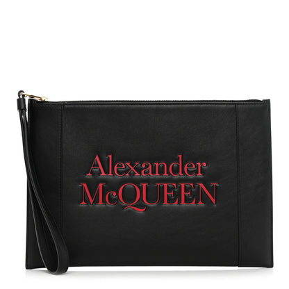 Alexander McQueen Calfskin Logo Zip Wristlet Pouch Black Red 1 of 9