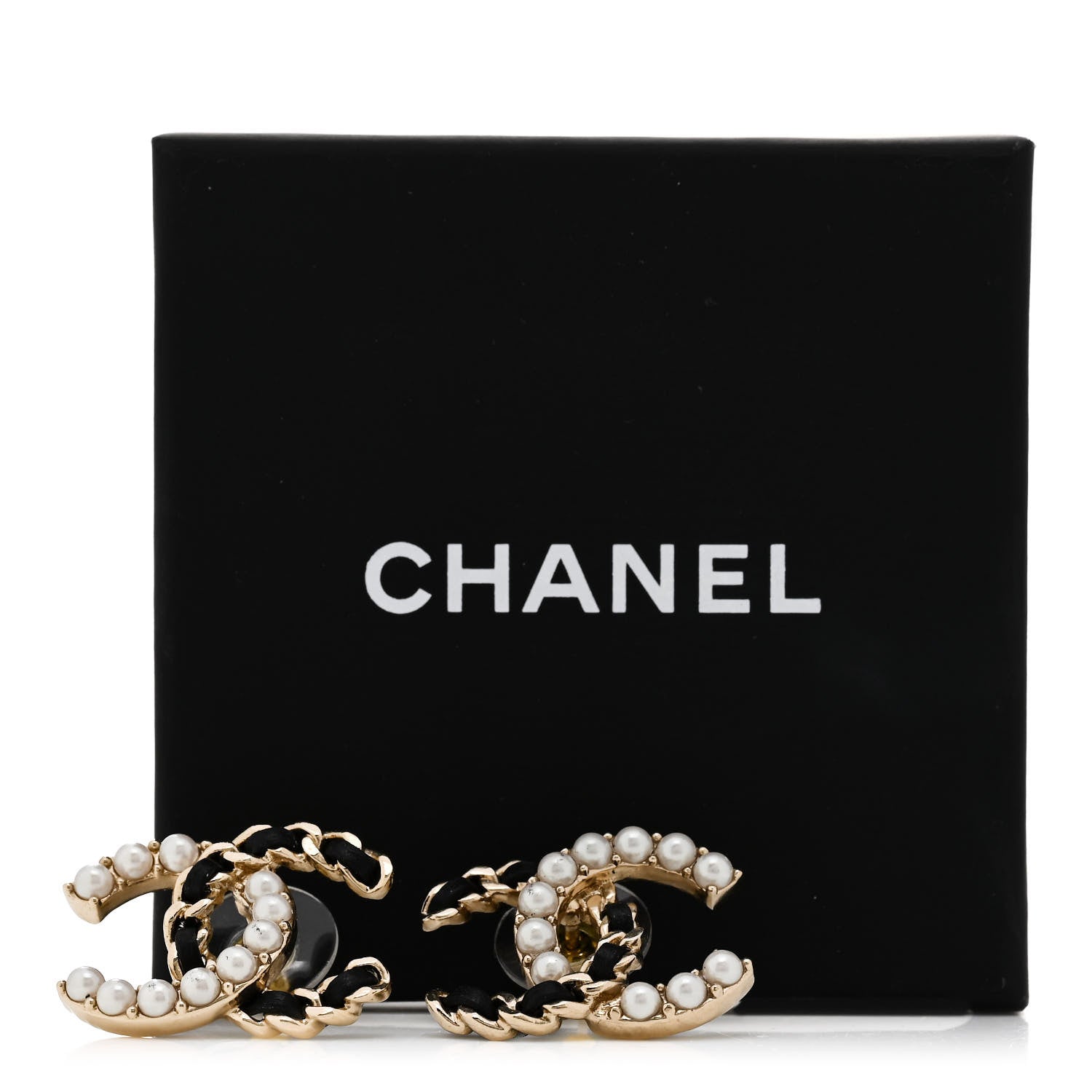 Chanel Pearl Lambskin Chain CC Stud Earrings Gold Black 5 of 5