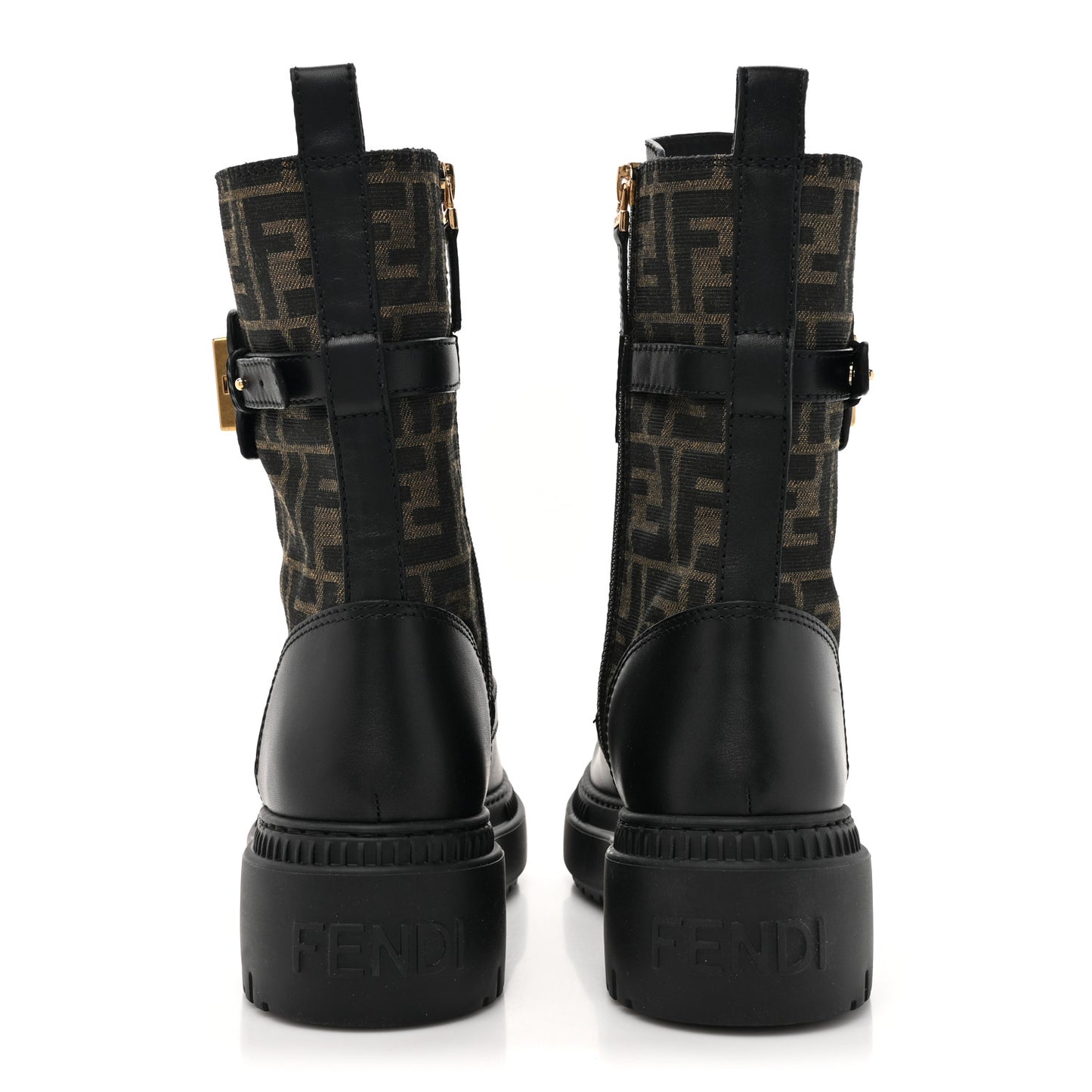 Vitello Fabric Jacquard FF Fendigraphy 50mm Biker Boots 38 Black Tobacco