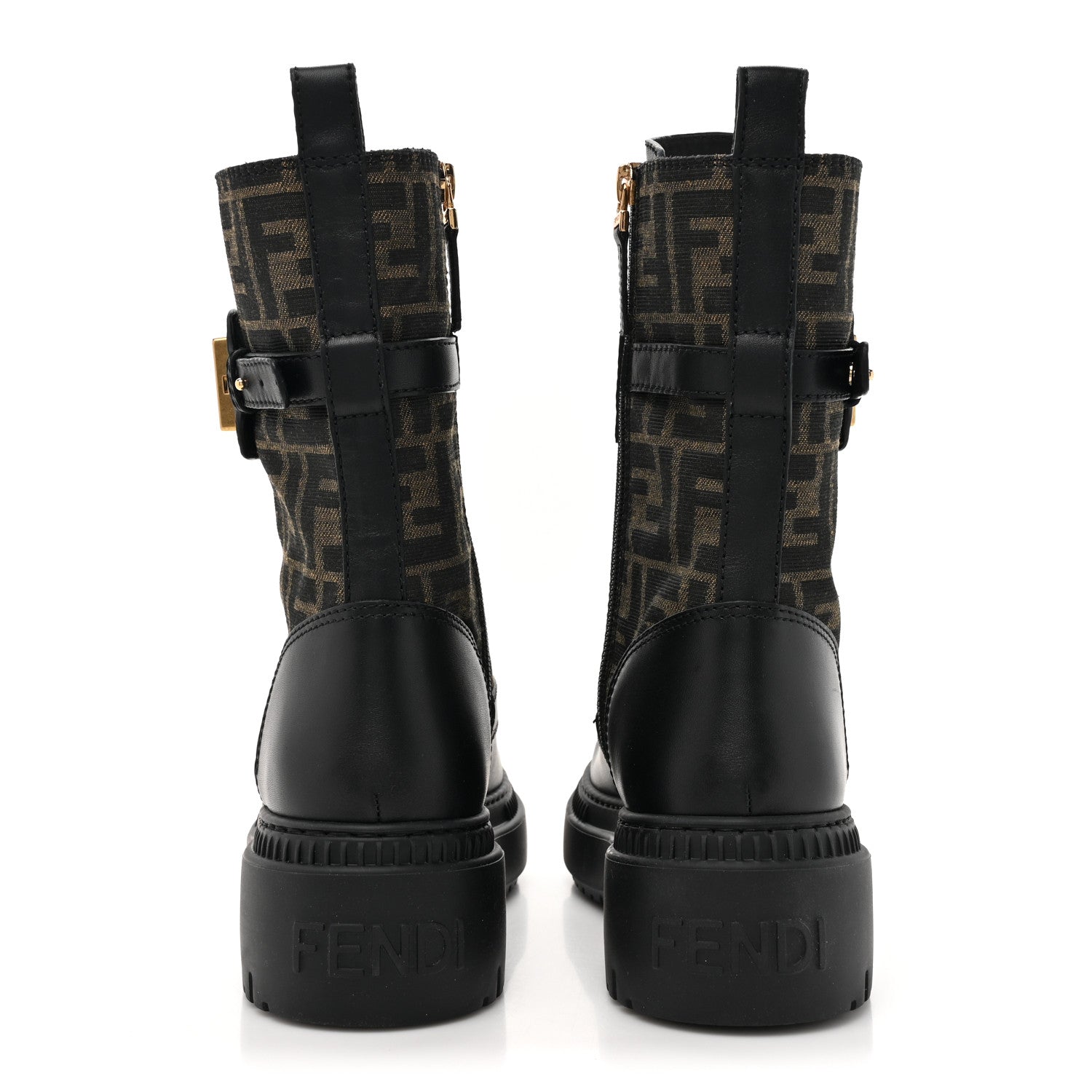 Fendi Vitello Fabric Jacquard FF Fendigraphy 50mm Biker Boots 38 Black Tobacco 4 of 10
