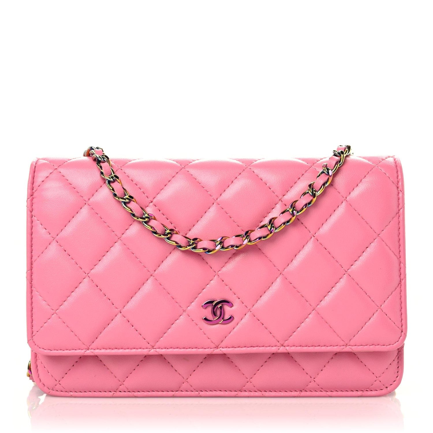 Chanel Lambskin Quilted Wallet On Chain WOC Pink Yellow 1 of 16